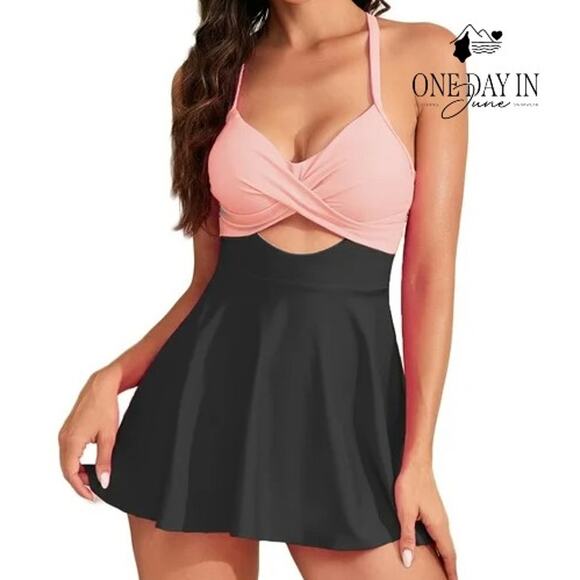 B2Prity Twist Front Cut Out Tie Back Swimdress One Piece Swimsuit Size M - Picture 1 of 7